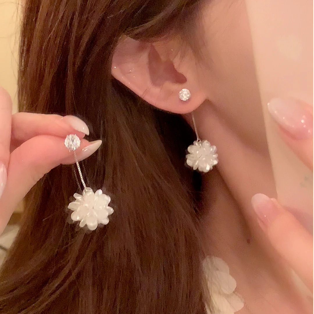 芒果饰品 铜合金锆石耳饰 可两戴冰晶花朵流苏耳环女气质耳针耳饰