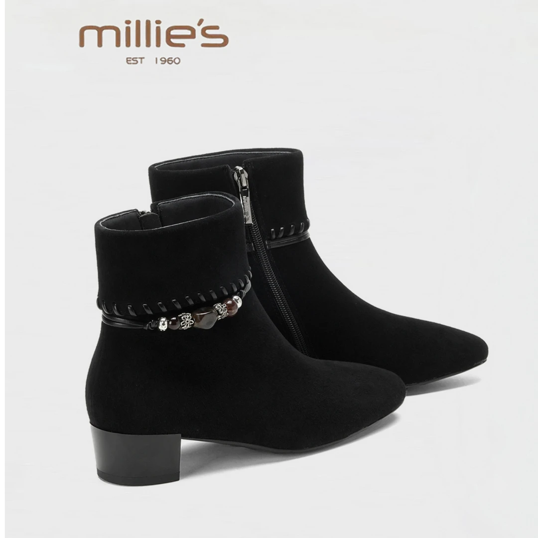 MILLIE'S/妙丽2025冬季加绒保暖短筒靴女英伦风马丁靴羊皮毛一体