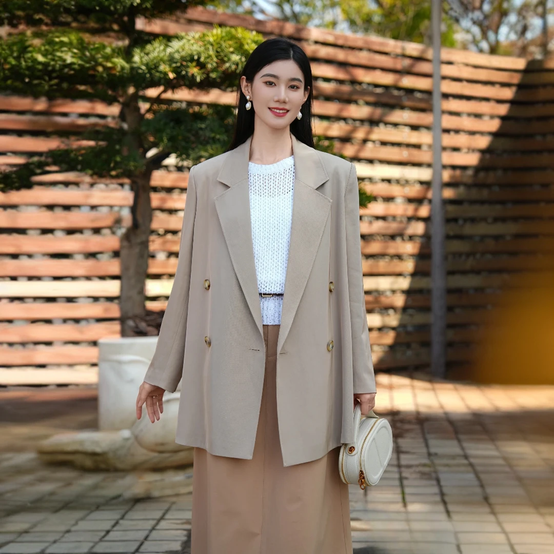 GIRDEAR/哥弟新款简约上衣百搭垂坠面料双排扣西装外套女140005
