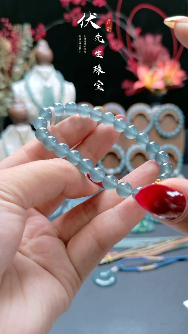 未镶嵌手串翡翠8mm高冰天空蓝手串