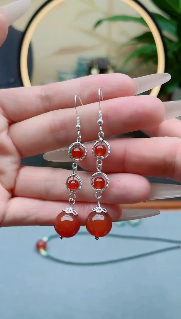 玛瑙/玉髓耳饰银S925镶嵌676红色三连珠