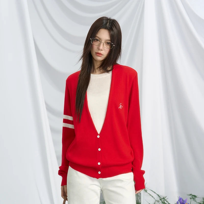 iNSLiiSA 红色假两件针织开衫女百搭显瘦圆领2025年新款毛衣外套