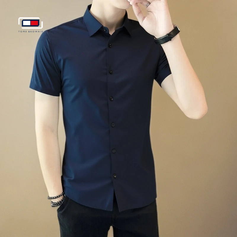 夏季短袖全无痕衬衫免烫氨纶正版弹男士衬衣休闲百搭薄款修身商LB