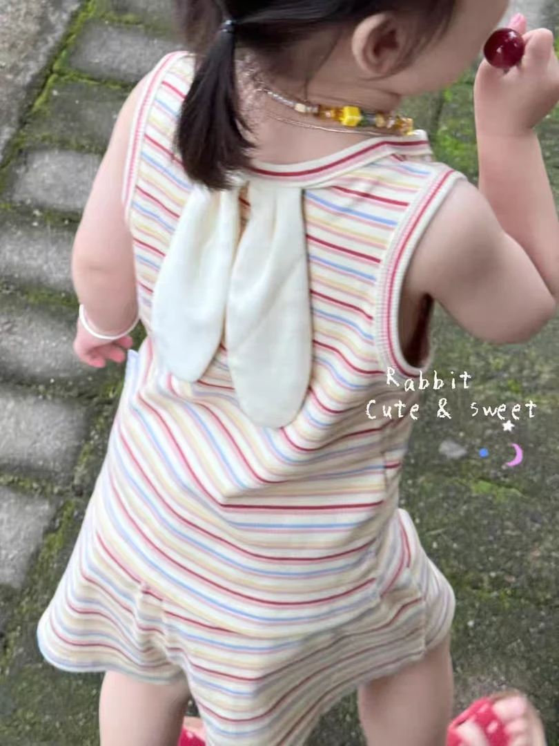 【Jerry Kids】敲可爱的兔耳朵条纹背心套装