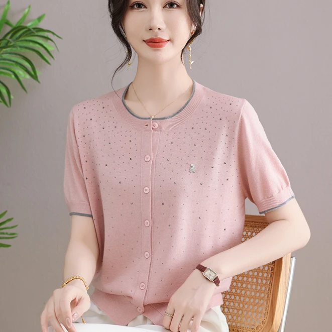 2025新款妈妈夏装洋气短袖T恤高贵小衫中老年女国风夏季开衫衣服