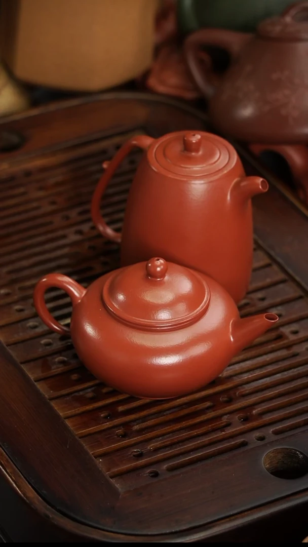 茶壶紫砂广***帅宜兴紫砂朱泥全手壶2把