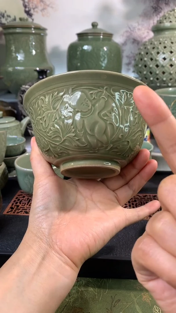 现代耀州窑微瑕小口失圆缠枝婴戏碗14CM口径四只