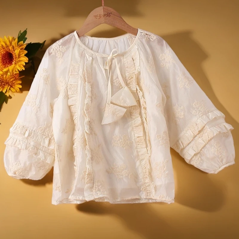 女童春季长袖可爱纯色宽松显白娃娃衫气质淑女精致衬衫