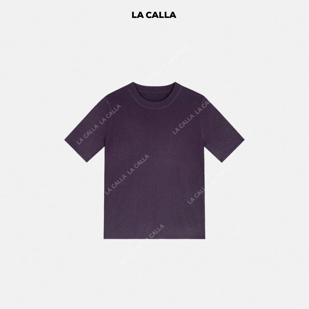 LA CALLA蚕丝小衫紫色灰绿色黑色亲肤舒适毛织圆领短袖YY1697
