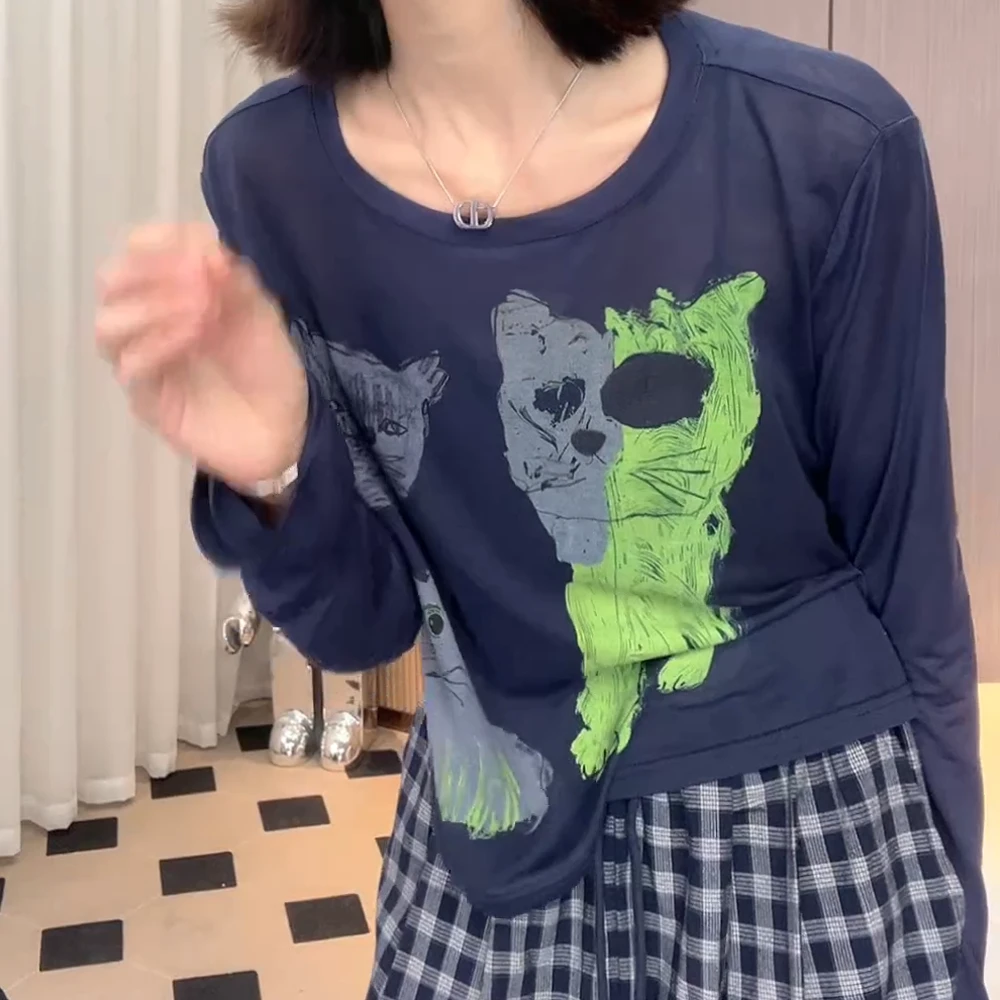 春夏‘’艺术猫咪‘’手绘减龄时髦小众设计显瘦长袖t恤上衣防晒衫