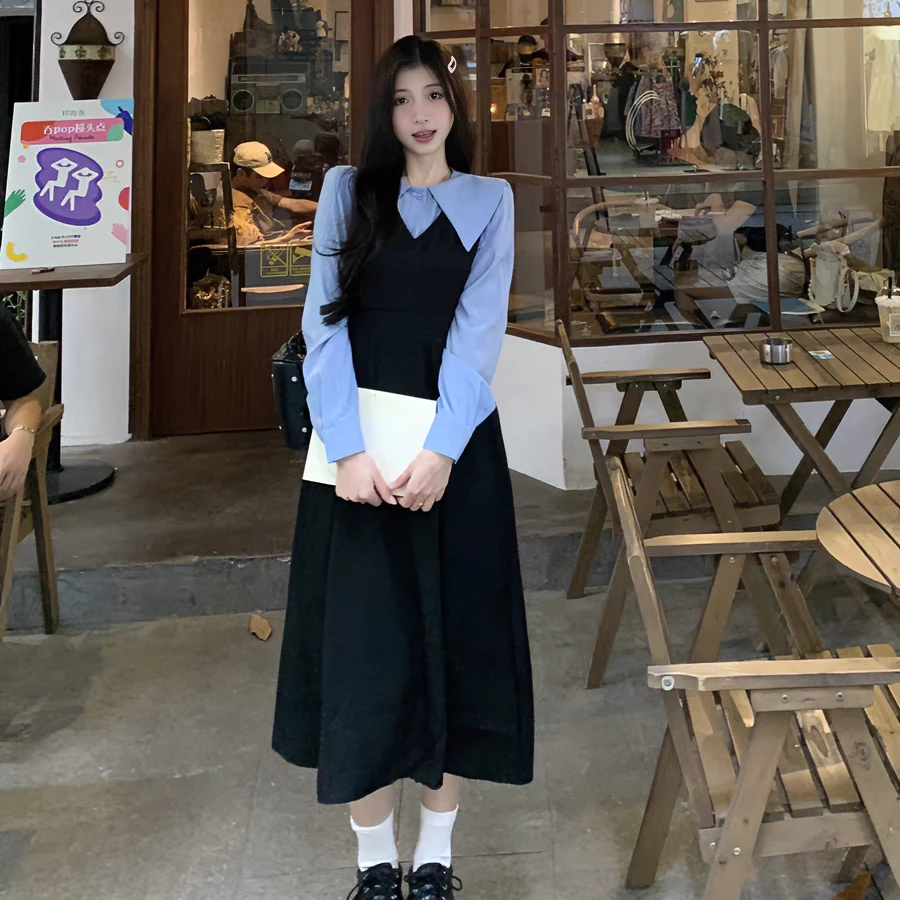 大码复古学院风假两件长袖连衣裙女收腰显瘦A字裙垂坠感裙子1439