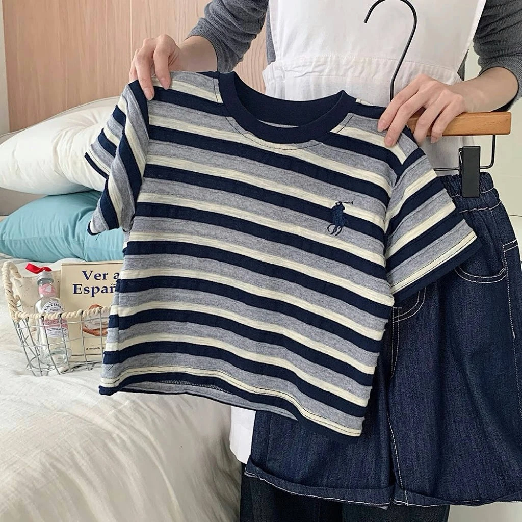 儿童短袖T恤夏季男女童日系纯棉打底衫男孩宝宝条纹半袖上衣潮流