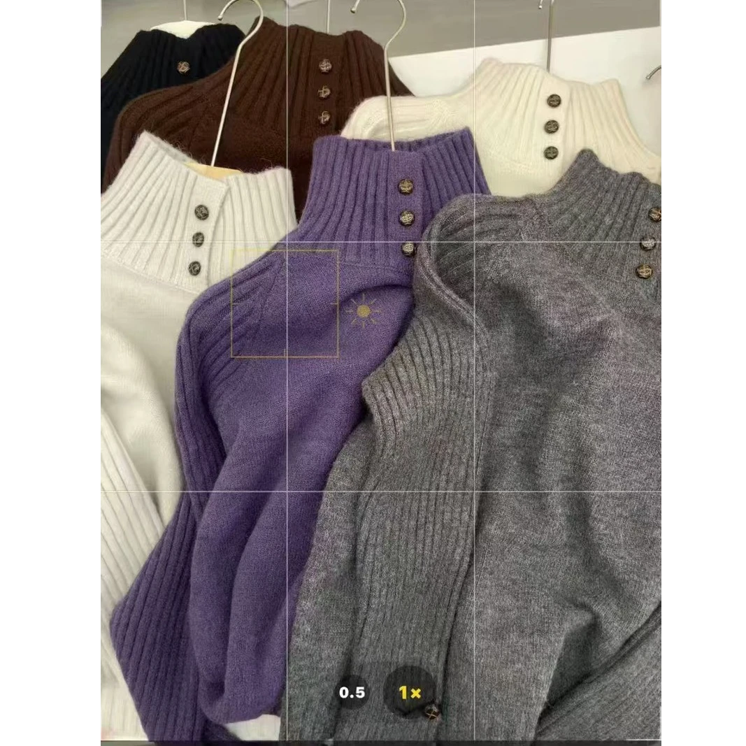 3441【540g正版加厚三粒扣】秋冬新款宽松高领长袖针织衫女毛衣