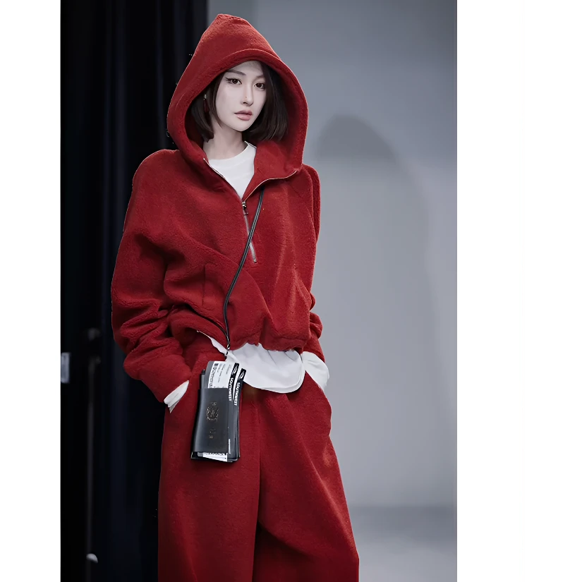 【清仓福利】慵懒风纯色连帽拉链卫衣直筒裤休闲运动套装