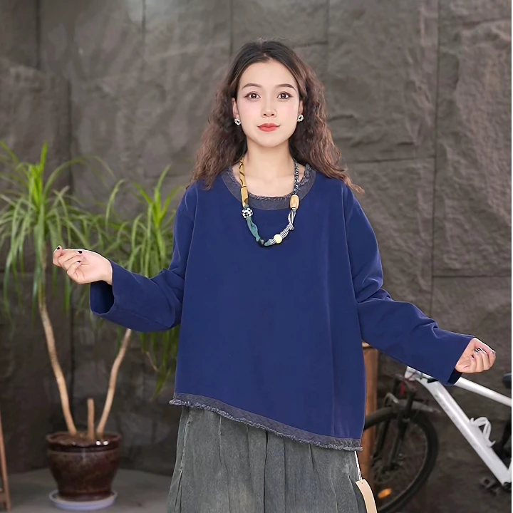 【长袖T恤】秋装圆领百搭透气女装新款上衣设计款纯色打底衫-LL