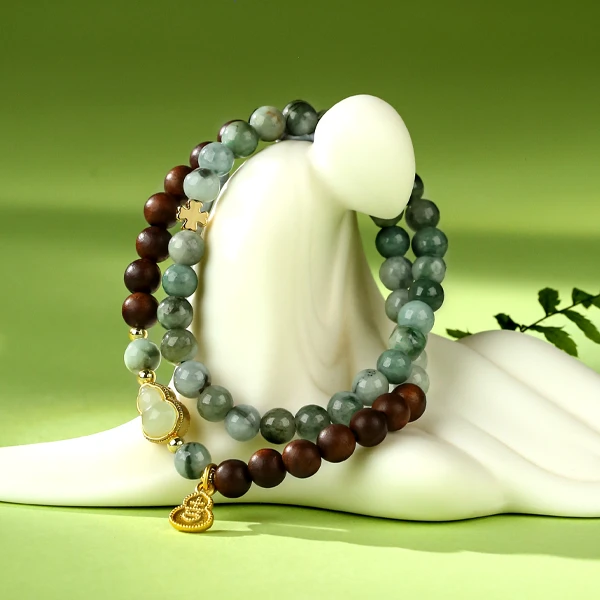 天然翡翠双圈福禄平安转运雷击木女款新中式气质国风手串小众珠宝