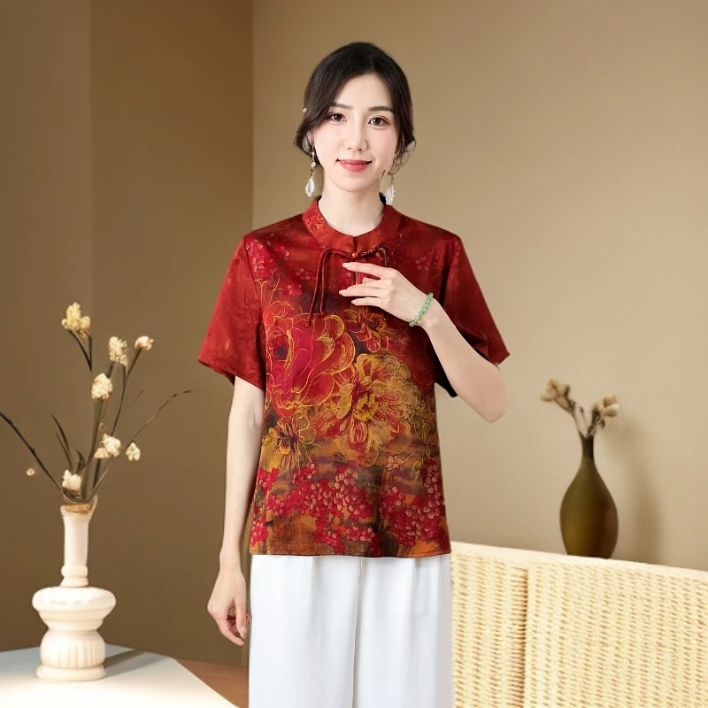 恒源祥彩羊上衣夏季新款衬衣奶奶复古衬衫洋气妈妈装小衫宽松印花