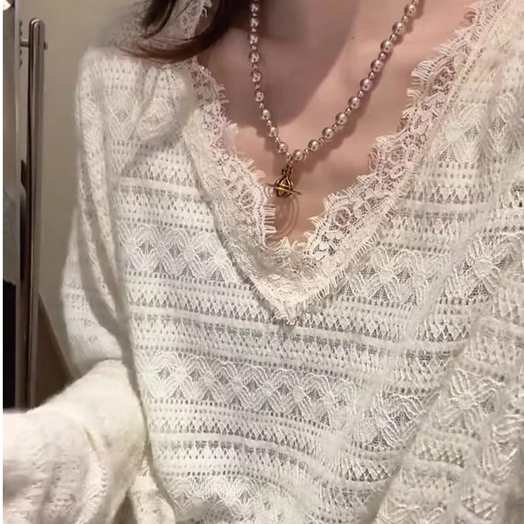 【柔软时光】V领睫毛蕾丝打底宽松慵懒百搭花边衬衫女内搭长袖衬衣