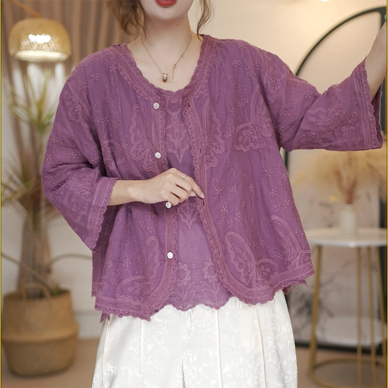 【蝴蝶花开衫】夏季新款女式时尚提花蕾丝开衫短袖轻薄款衬衫YA2526