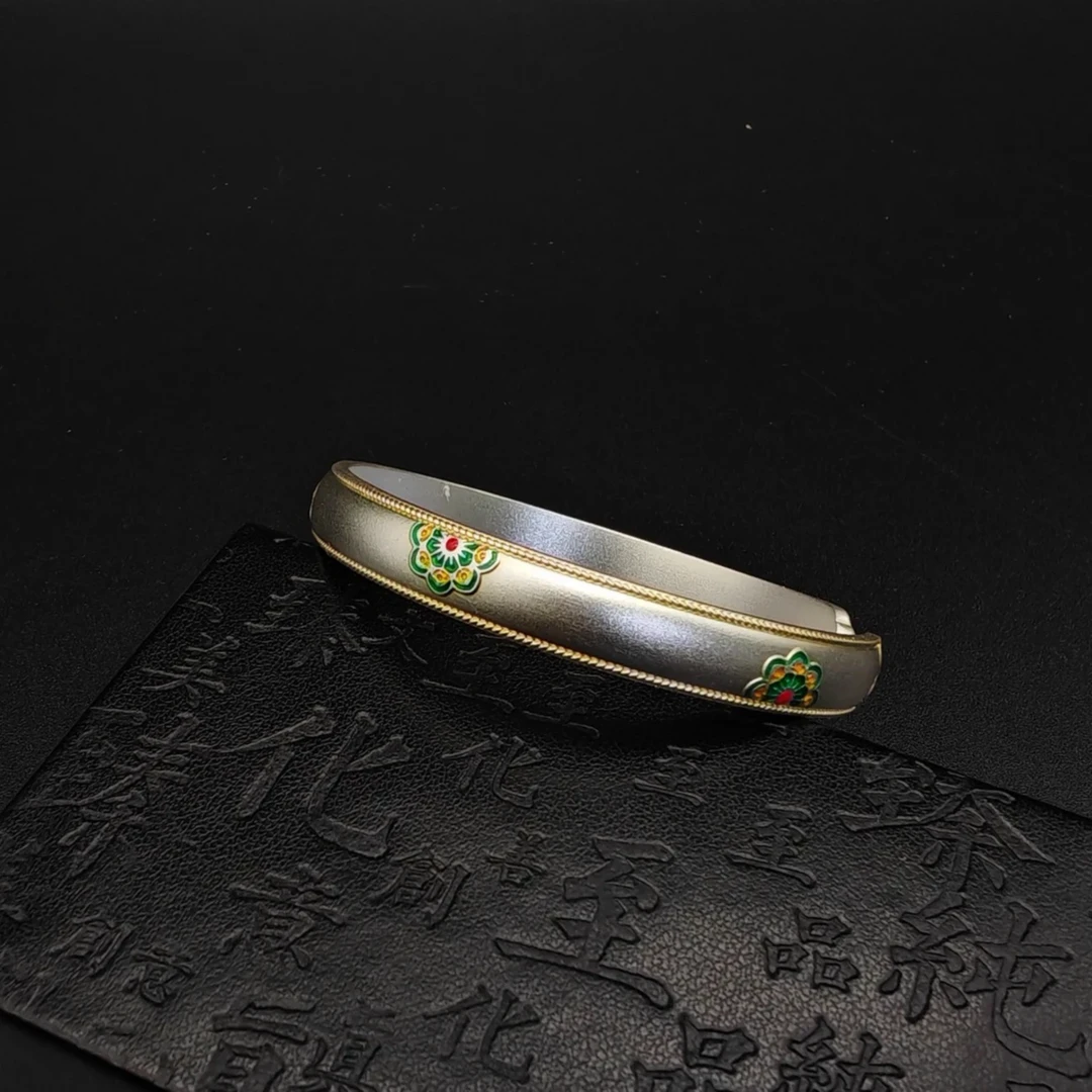 足银手镯 宝相花鎏金足银999.9实心开口镯平平安安的宝相花银镯子