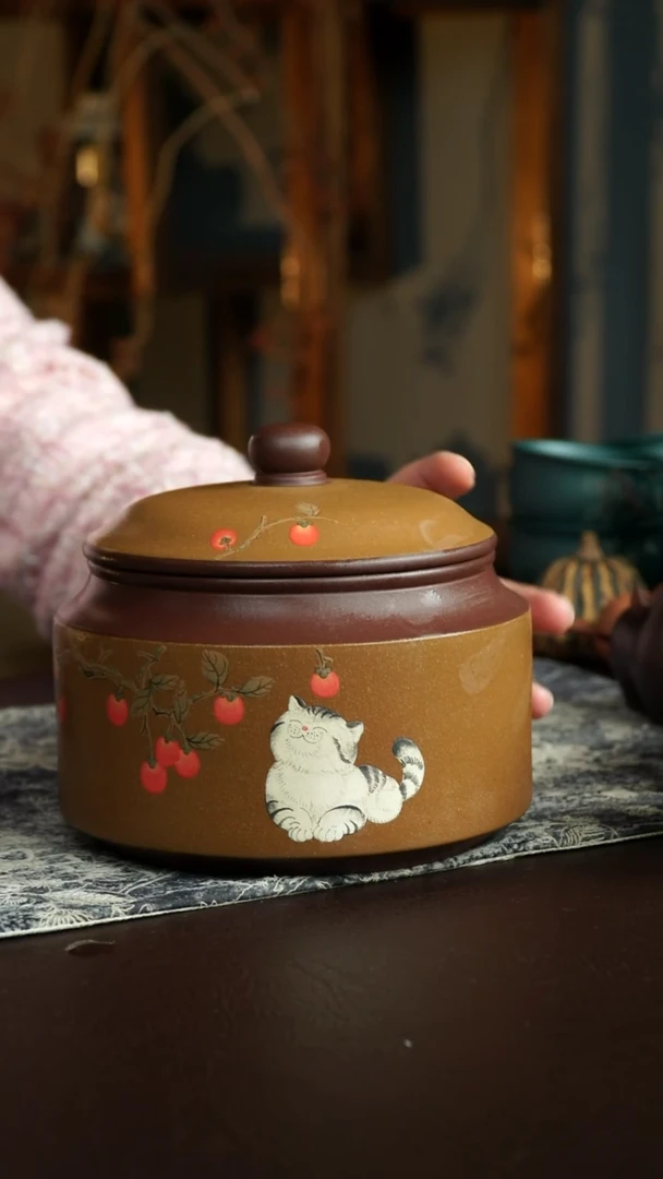 茶杯紫砂57号  新品特价柿子猫咪茶叶罐