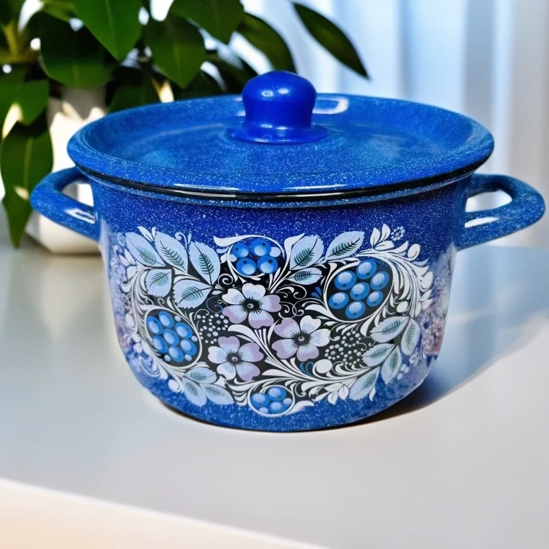 新疆包邮 2.9L蓝白点菜锅 汤锅家用中式加厚好看汤锅高烧锅搪瓷
