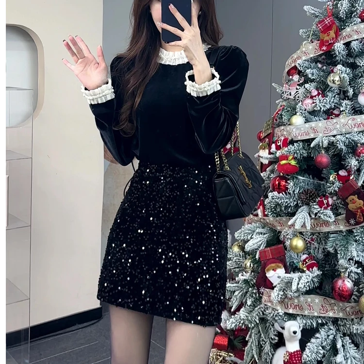 法式轻奢黑色亮闪套装裙女冬季2025新款高级感丝绒绝美上衣两件套
