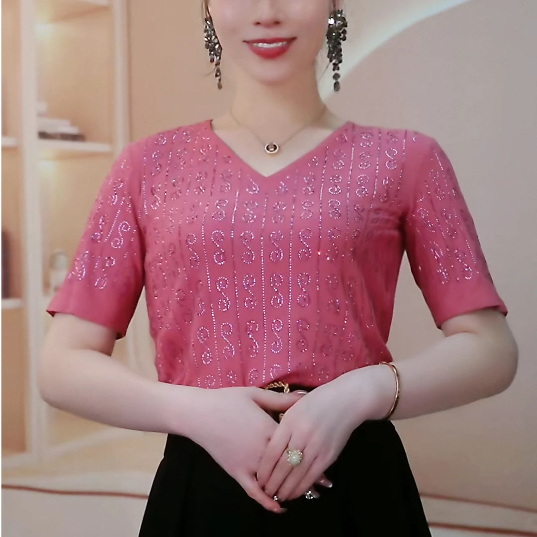 （金缕祥纹）夏款短袖女士V领薄款2025高级轻奢镶钻黑色气质短袖T恤