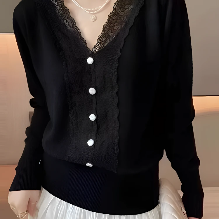 鑫欣阿玛施艾正2025秋冬新款气质蕾丝拼接针织衫流光风纯欲女装