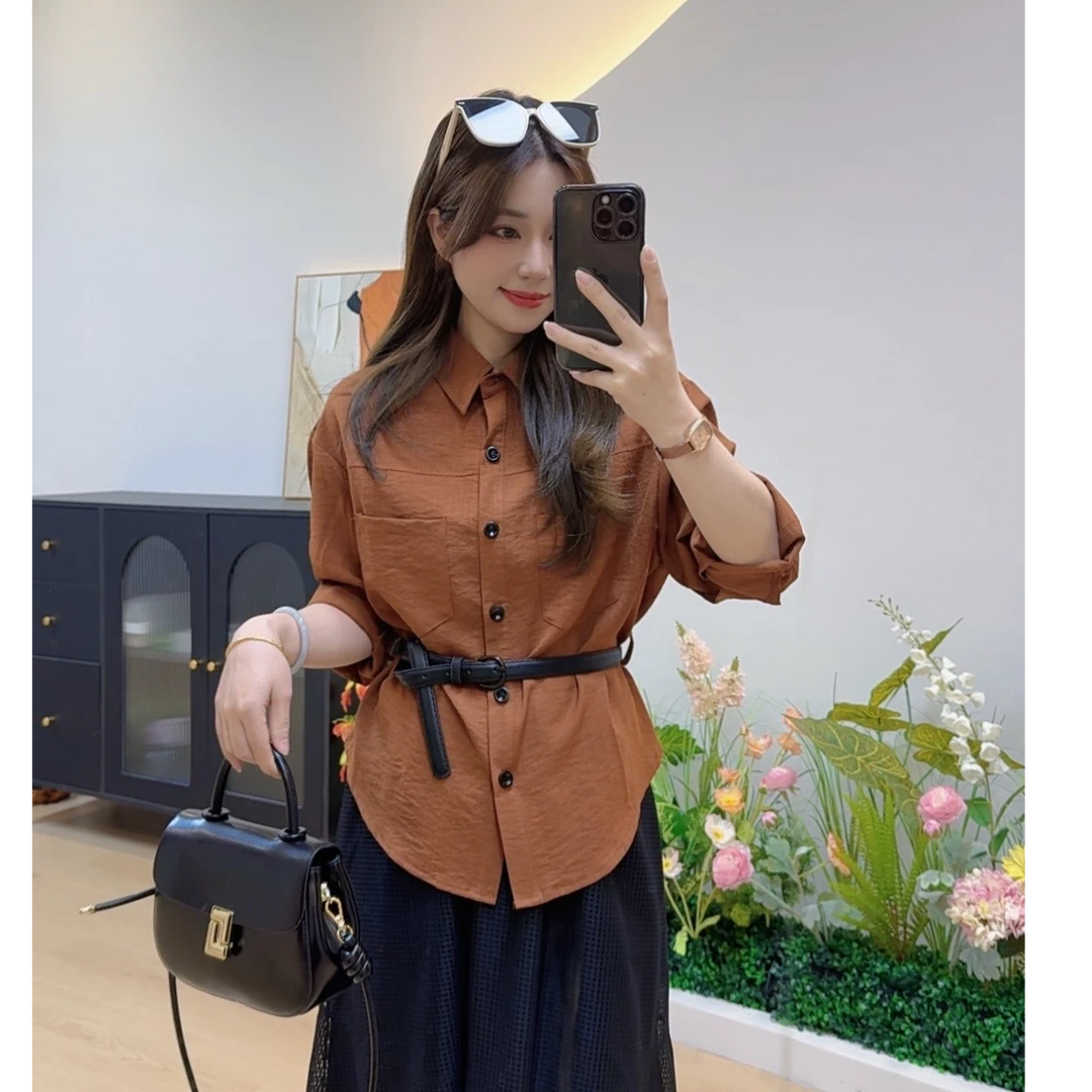 奈奈妮【柿柿如意】衬衫上衣气质显瘦时尚复古百搭（带腰带）8023
