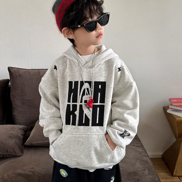2025冬装韩版灰色加绒潮酷字母印花宽松男童儿童连帽童装卫衣潮牌