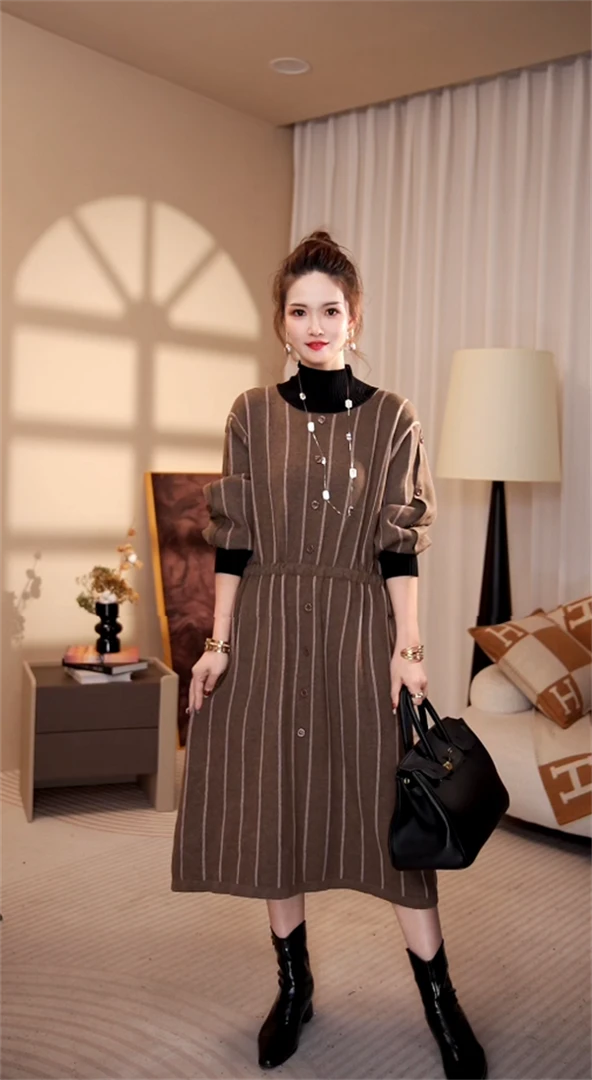 高端品质【港岛日记】宽松百搭束腰长款冬毛衣打底连衣裙-6603#