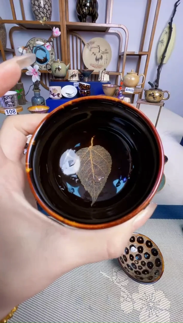 峰*哥【特价无暇真叶入盏1300度】非遗大师手工高温瓷特价无暇款