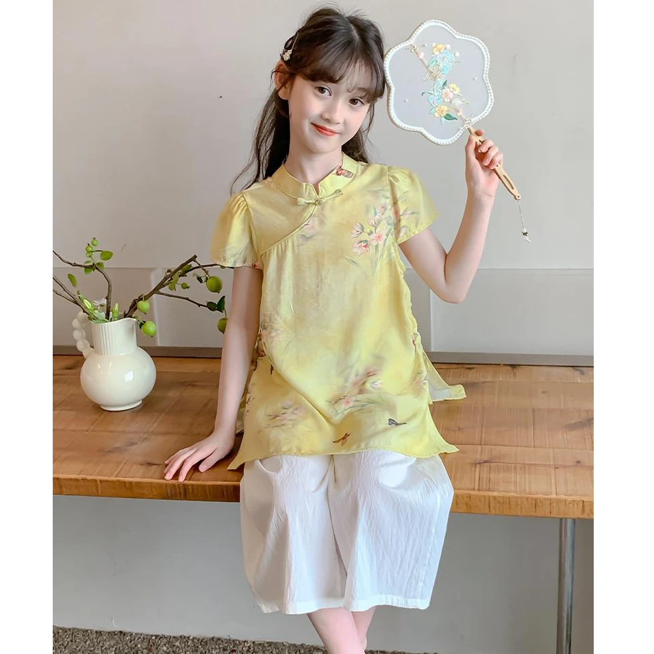 女童夏套装2025新款洋气童装女孩新中式新国风旗袍夏装儿童两件套