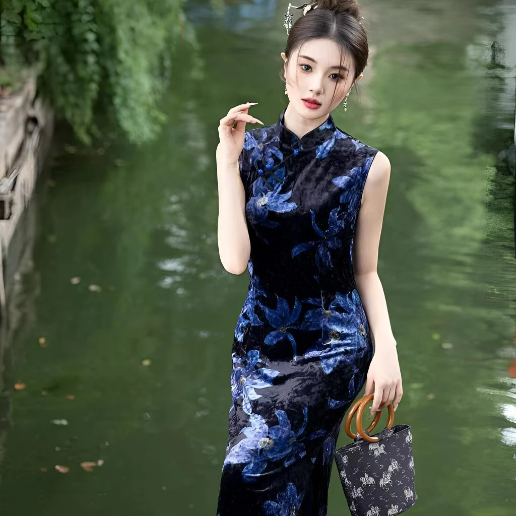 风华《陌上花开》改良款无袖优雅复古港风日常大花旗袍气质复古长