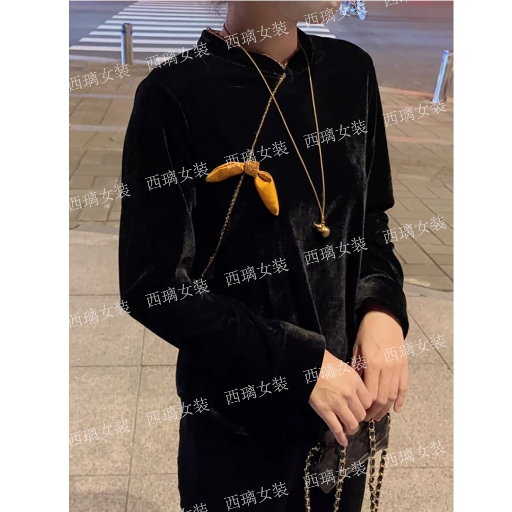 【落蝶】丝绒初秋新贵设计斜襟立领上衣打底衫显瘦长袖网红复古