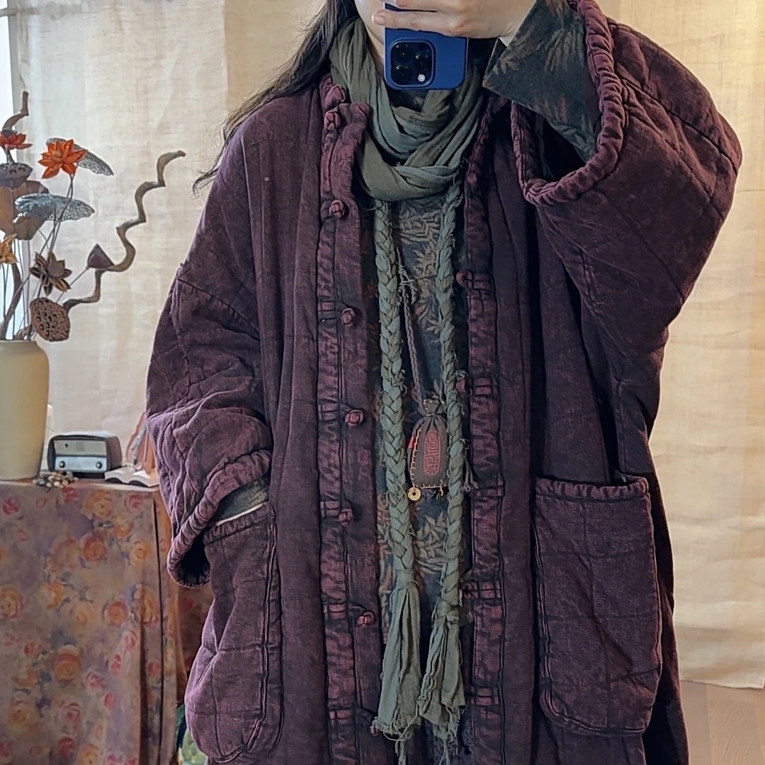 【麻黛儿】方格大兜复古中式盘扣加厚冬季长款棉衣（长115胸围150）