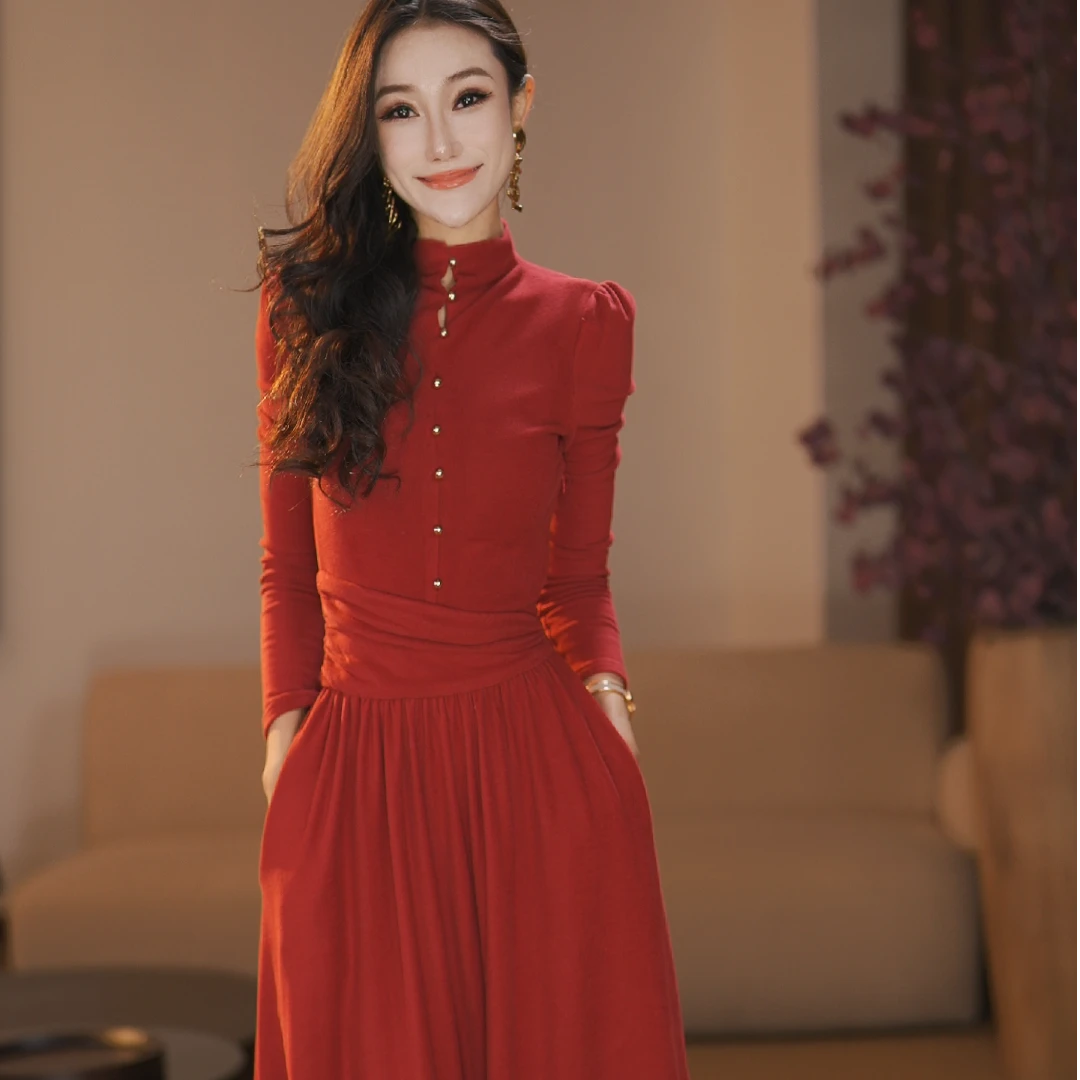 【袁小姐】 晚霞曼谷 法式高级感圆领高腰设计显瘦长裙-HZ1160