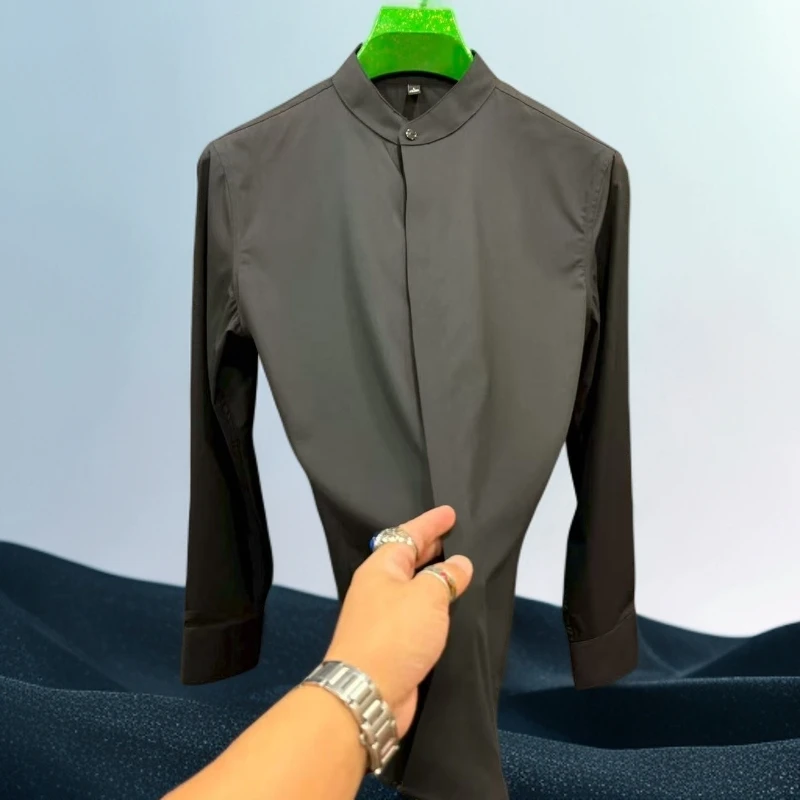 男士秋季新款纯色立领衬衣经典衬衫简约百搭长袖衬衫