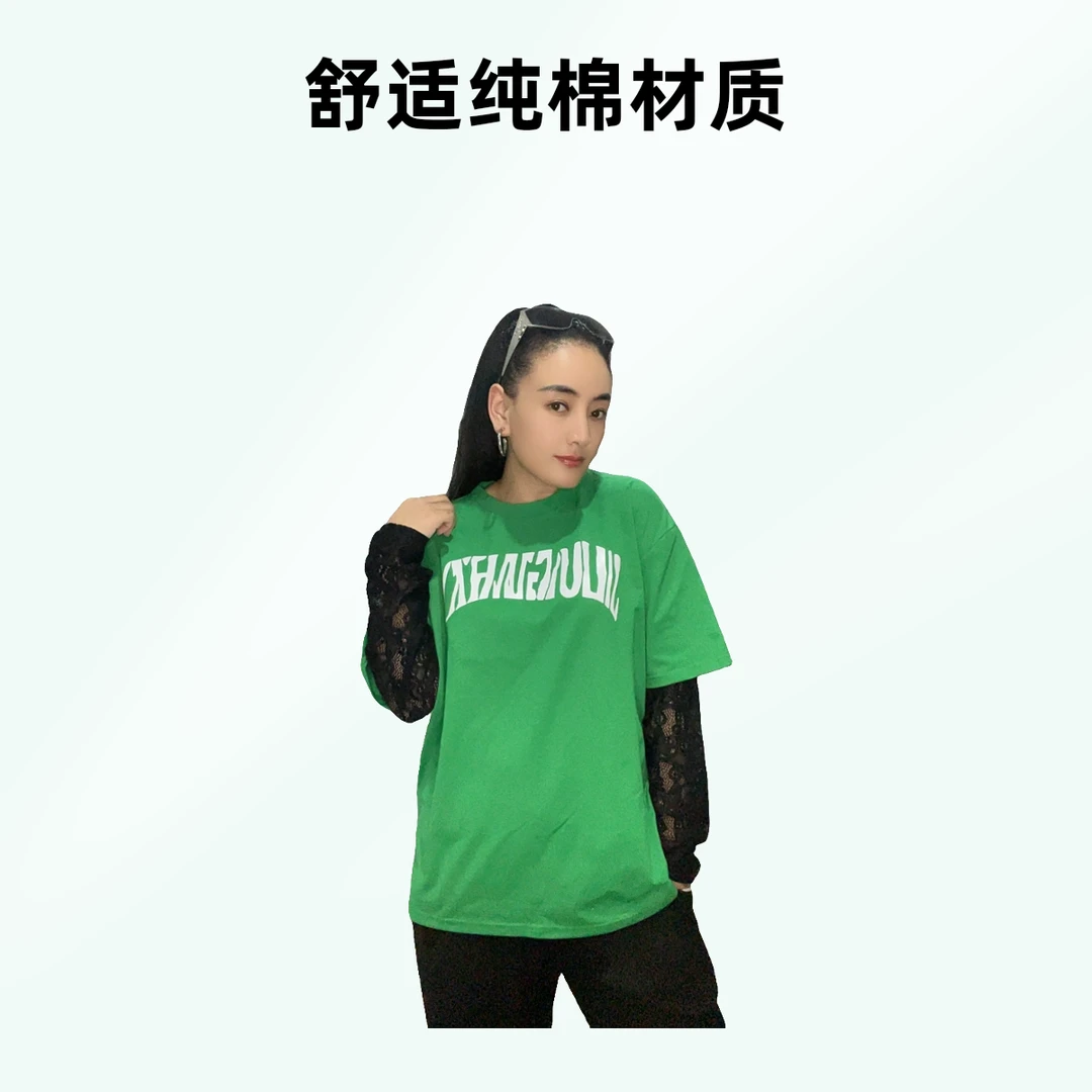 【主播央珍】推荐的新款字母带蕾丝袖子的中短款T恤