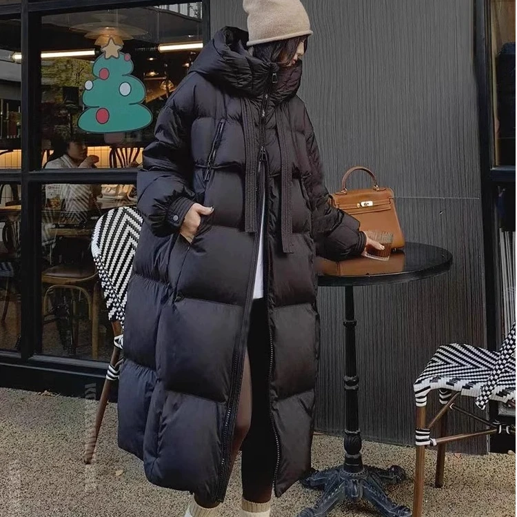 羽绒服8892女轻奢飘带新国标保暖连帽过膝长款时尚冬季韩加厚