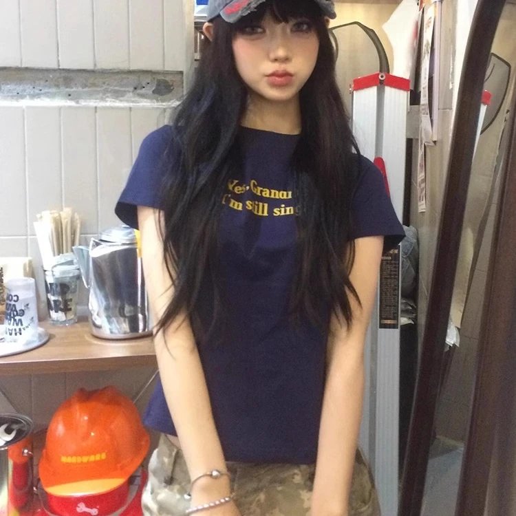 美式正肩冰丝短袖t恤女夏季标语辣妹短袖vintage修身显瘦短款上衣