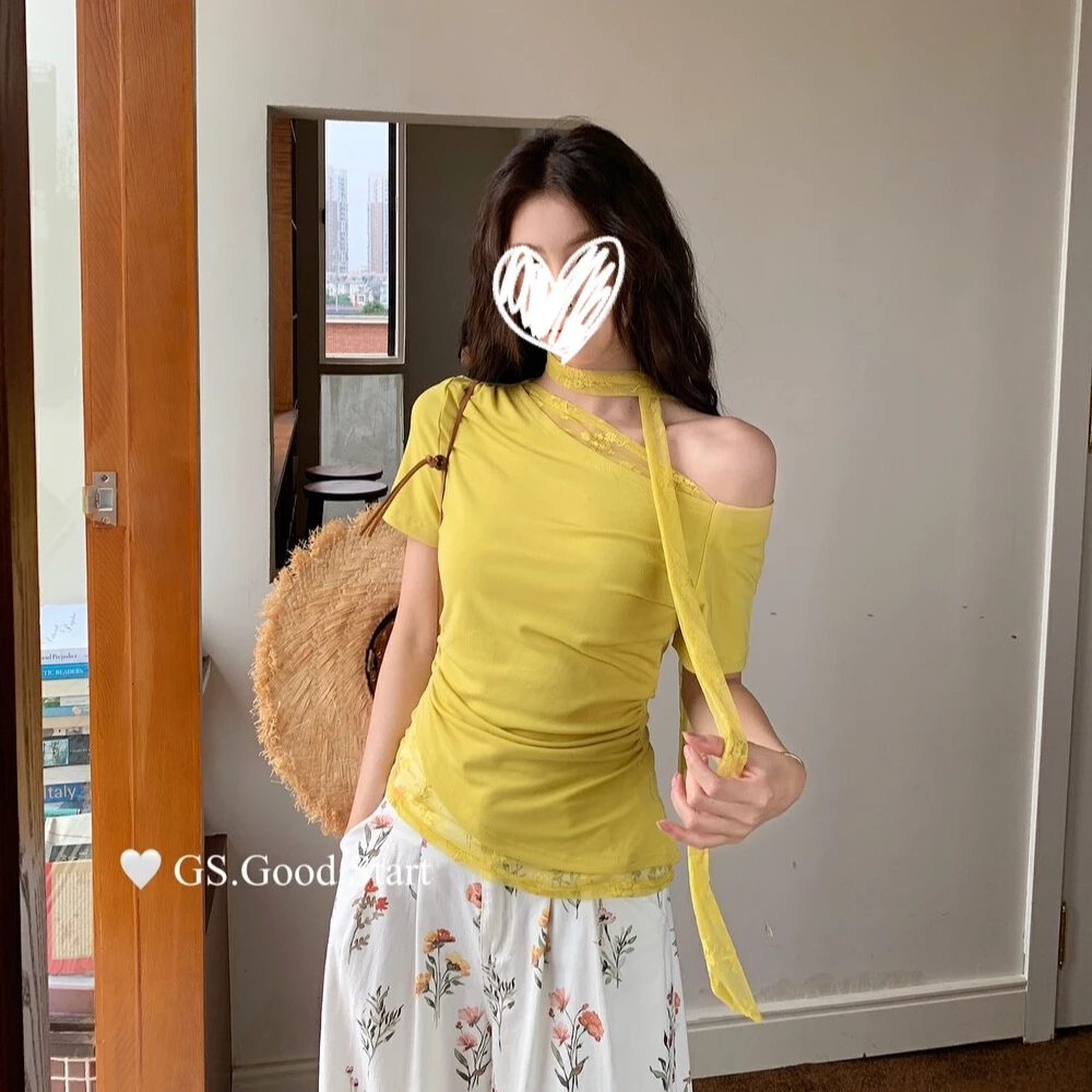 夏季气质纯欲小女人蕾丝拼接短袖小衫(配飘带)