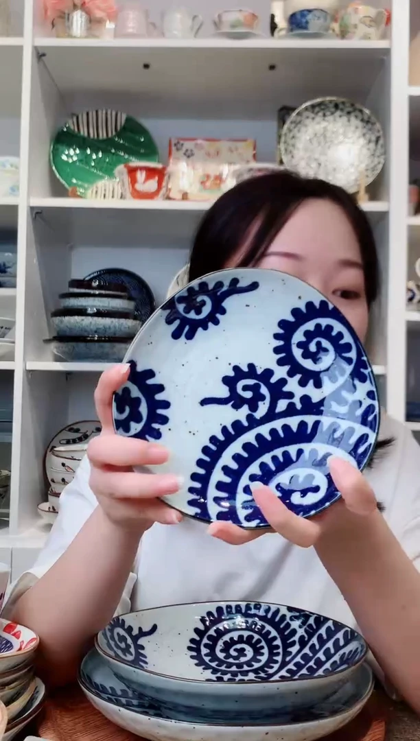 陶瓷【到手两支】粗陶章鱼唐草三角盘16.5cm
