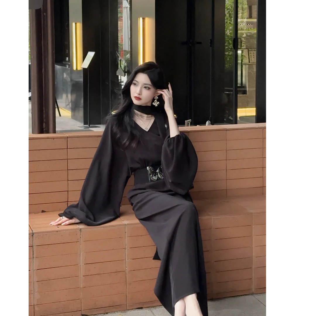 CHUHCU【桎梏之蝶】显瘦气质长款黑色连衣裙XMZH9007