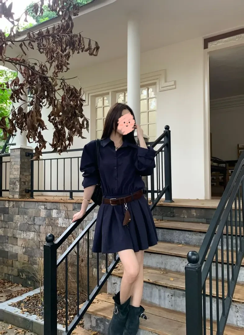 韩系秋季新款百搭气质时尚显瘦设计感连衣裙子女装高腰衬衫短裙潮