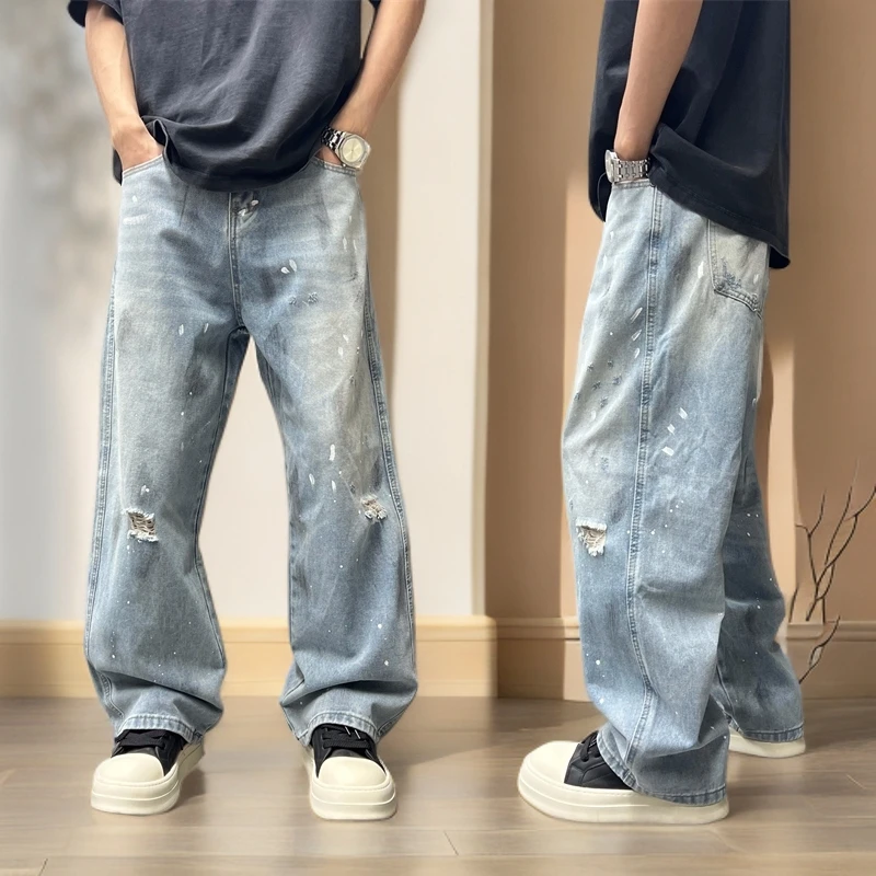 2025春秋新款破洞泼墨涂鸦复古牛仔裤韩版宽松阔腿裤男士直筒休闲
