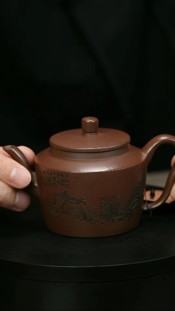 茶壶紫砂三***_H1497赵信军刻绘笠帽