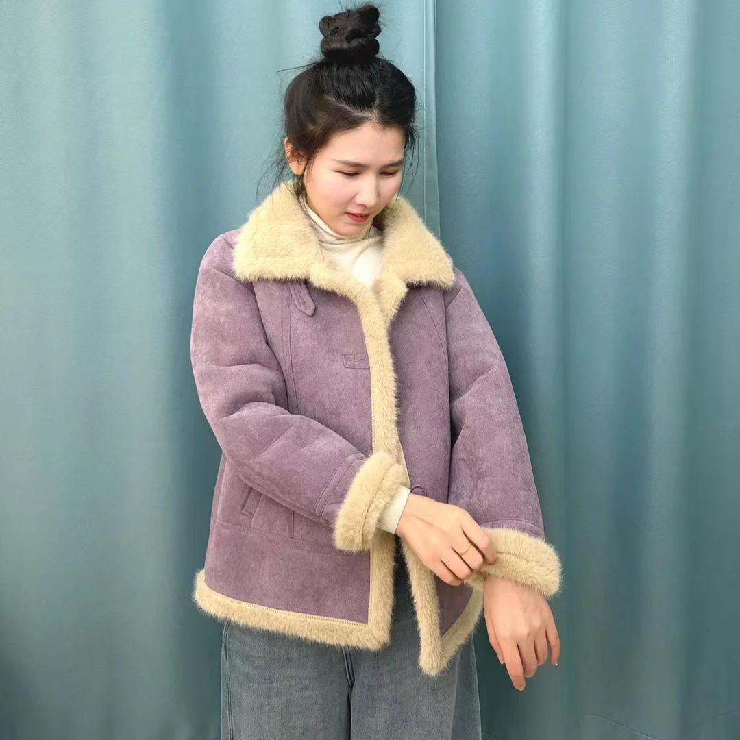 冬季新款翻领皮毛一体短款宽松百搭保暖外套女