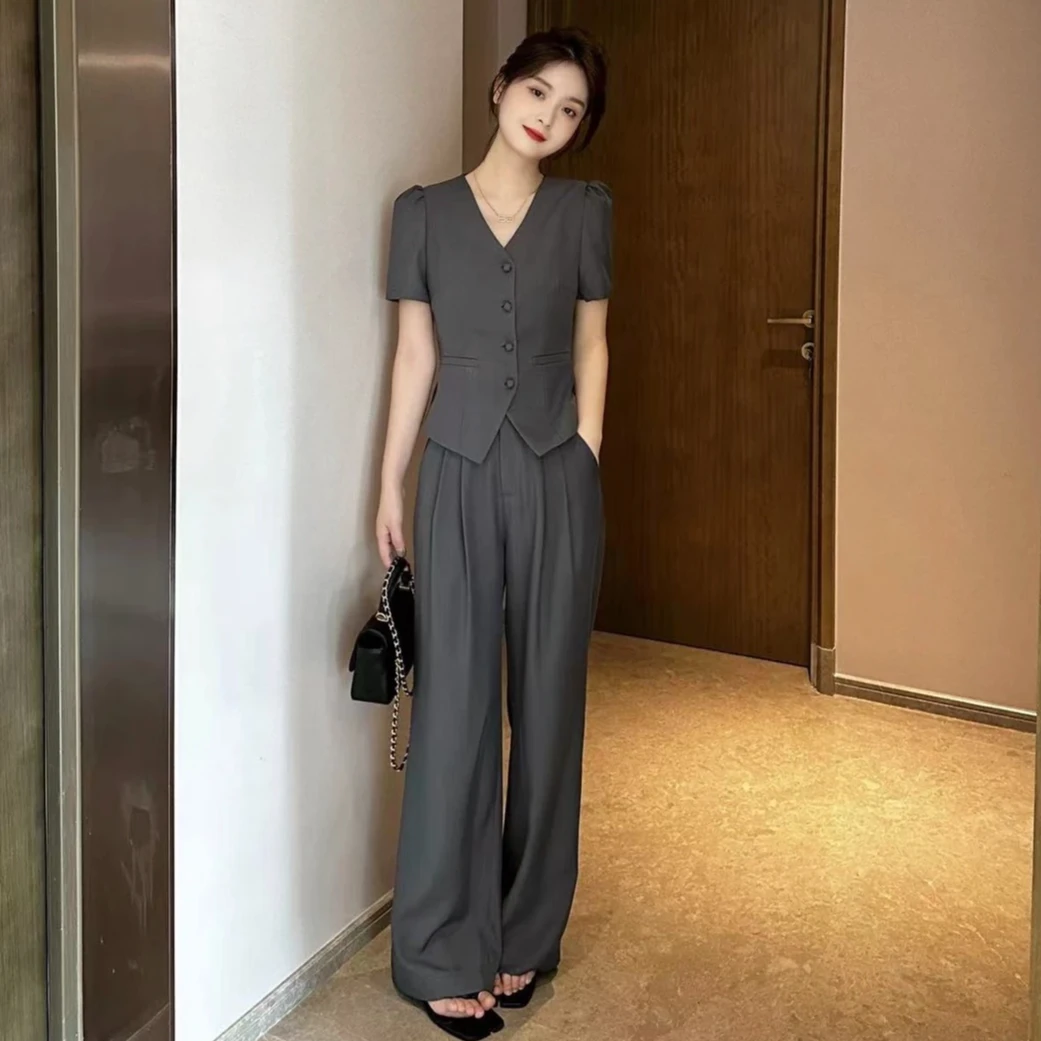 2025新款轻奢时尚套装女百搭显瘦气质开衫阔腿裤两件套洋气夏季